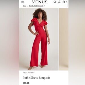 VENUS Red Ruffle Sleeve Wide-Leg Jumpsuit
